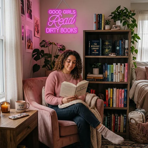Vista 2 de Letrero LED de neón para decoración de pared, con texto en inglés "Good Girls Read Dirty Books", luz de neón regulable para el hogar, libro, fiesta