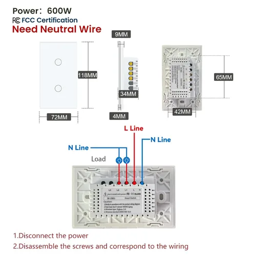 Vista 2 de Zigbee Switch Need Neutral Wire Need Zigbee Hub, blanco 2 botones