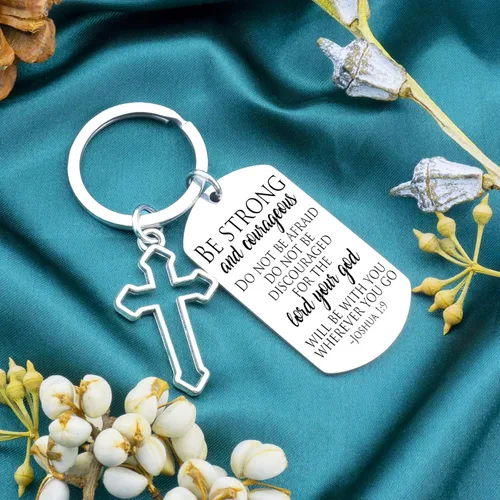 Vista 2 de Llavero con versículo bíblico con texto en inglés "Be Strong And Courageous", para hombres y mujeres, regalos religiosos para familiares y amigos