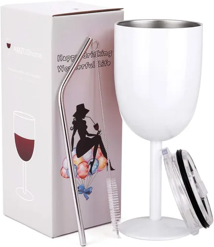 Vista 9 de AMZUShome Copas de vino de acero inoxidable. Vaso de vino de doble pared aislado al vacío con tapa y pajita. Amistad, Navidad, regalos de cumpleaños