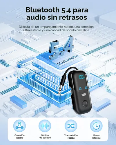 Vista 2 de Receptor transmisor Bluetooth 5.4 para 2 AirPods/auriculares, adaptador Bluetooth de avión 2 en 1 con micrófono para llamadas manos libres, baja