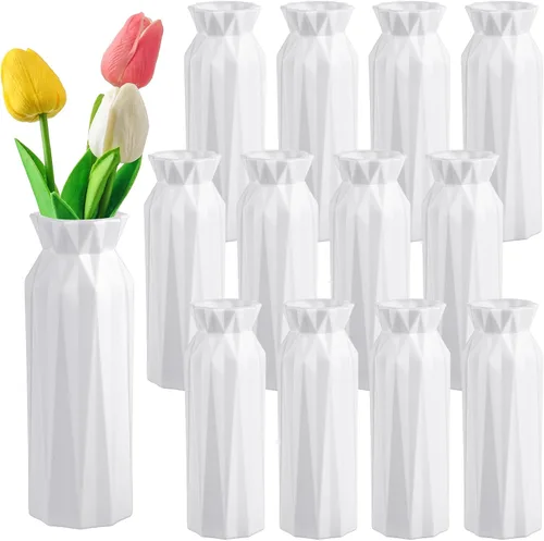 Vista 7 de Hoolerry 12 jarrones de flores blancas a granel para centros de mesa, florero blanco de plástico para flores, jarrón decorativo alto irrompible