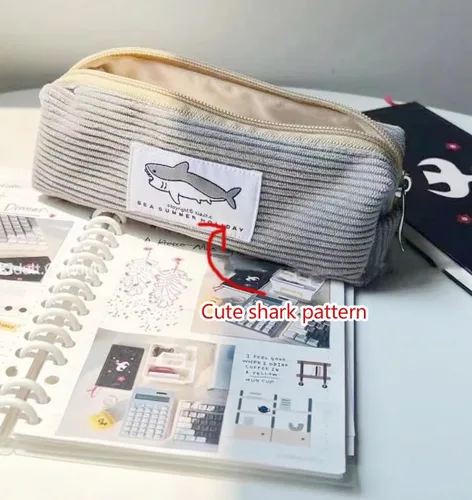 Vista 3 de Estuche pequeño para lápices con gran capacidad, estuche con diseño de tiburón, bolsa con cremallera gris para oficina, organizador de papelería