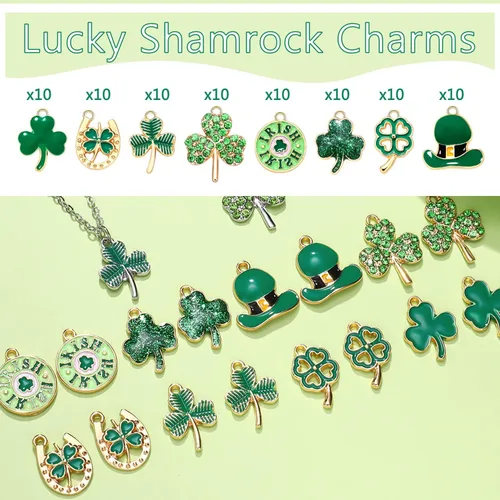 Vista 2 de 40/80 dijes de trébol del día de San Patricio para hacer joyas, diamantes de imitación esmaltados con sombrero verde y hojas colgantes