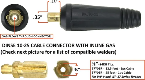 Vista 2 de Enchufe Dinse 10-25, Gasolina INLINE, con conexión de cable de 3/8''-24 para antorchas TIG de PC Serie 9 y 17 - Modelo: LDTSI-917F