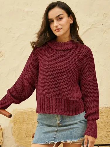 Vista 2 de DEEP SELF Suéter de punto grueso con cuello redondo para mujer, manga larga, holgado, para otoño, color liso