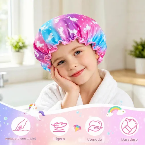 Vista 4 de Olypegic Gorro de ducha para niños, 3 piezas, para niñas, reutilizable, impermeable, ajustable, grande, con unicornio, sirena, arco iris, lindo
