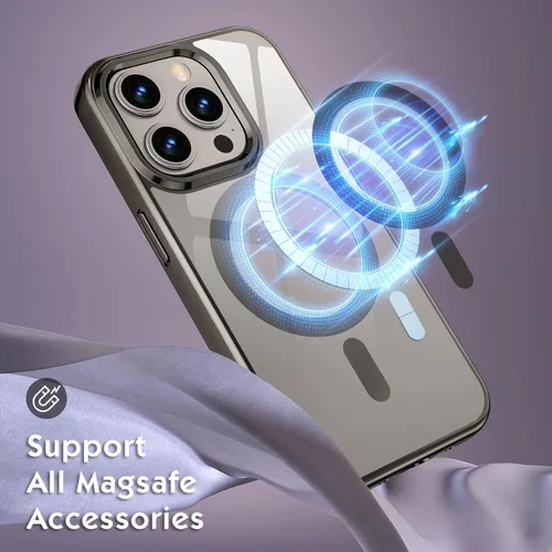 Vista 2 de Compatible con iPhone 15 Pro, funda magnética de lujo con borde galvanizado transparente, carcasa dura delgada, nunca amarilla, funda protectora