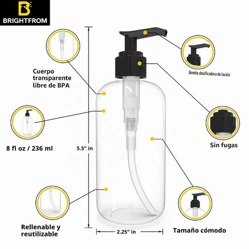 Vista 2 de BRIGHTFROM Botellas vacías con bomba de loción de 8 onzas, recipientes de plástico recargables, sin BPA, PETE1, transparente, ideal para jabón Negro