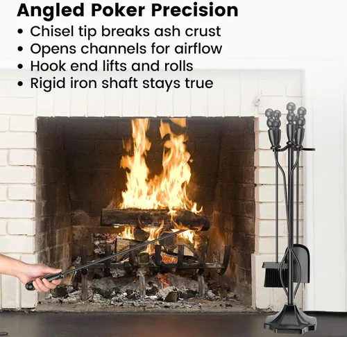 Vista 7 de GameXcel - Juego de herramientas para chimenea de 5 piezas, juego de herramientas de accesorios para chimenea con soporte, hierro forjado de 32