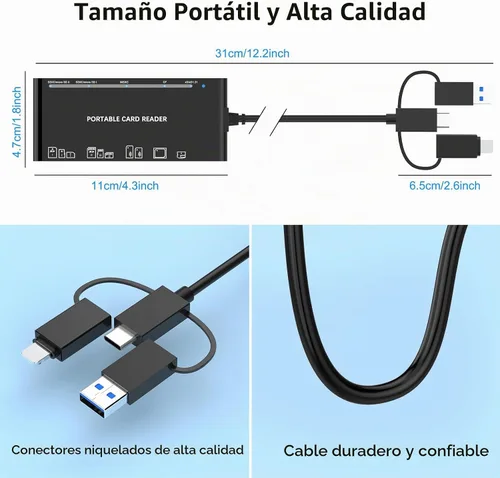 Vista 8 de USB C Lightning USB3.0 Lector de múltiples tarjetas para SD CF XD MS Micro SD TF, 7 en 1 lector de tarjetas de memoria adaptador Hub