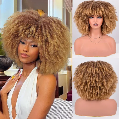 Vista 24 de Vitorish Peluca corta afro rizada con flequillo para mujeres negras, peluca sintética resistente al calor, color negro natural, para uso diario