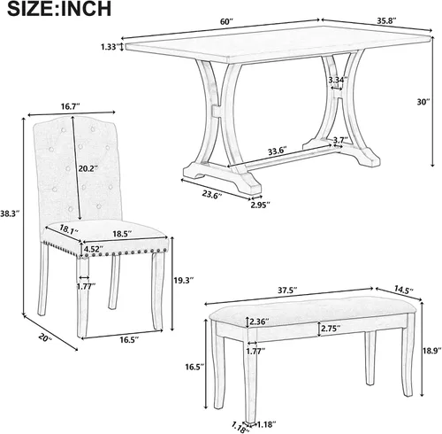 Vista 2 de Merax Juego de mesa de comedor de granja de 6 piezas con banco y sillas tapizadas, juego de mesa rectangular para 4-6, muebles de cocina y comedor