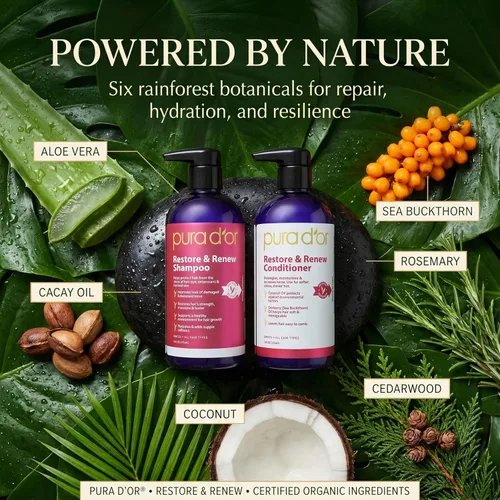 Vista 3 de PURA D'OR Restore & Renew Set de champú y acondicionador para cabello fuerte, saludable y nutrido con aloe vera orgánico, romero, espino amarillo