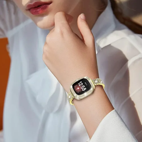 Vista 6 de Correa de reloj brillante compatible con Fitbit Versa 3/Fitbit Sense para mujer, correa ajustable de aleación de cristal con diamantes de imitación