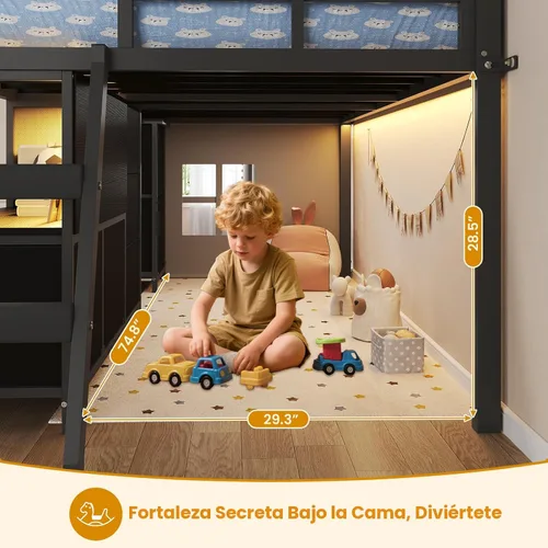 Vista 7 de ADORNEVE Cama baja tipo loft tamaño individual con 7 cajones de almacenamiento, estantería y luces LED, cama alta de metal para niños con barandilla