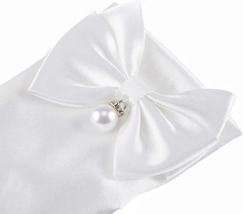 Vista 6 de Ayliss Guantes de boda de novia para mujer, guantes cortos de ópera de satén, guantes de vestido de muñeca de perla, guantes florales de fiesta