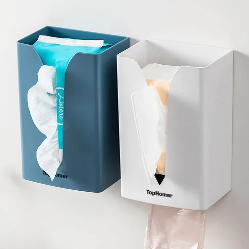 Vista 3 de TopHomer Soporte adhesivo para dispensador de pañuelos y soporte para bolsa de basura para cocina, sostiene cajas de pañuelos, bolsa de basura