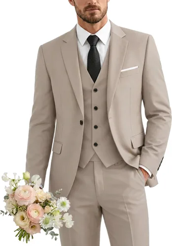 Vista 24 de Traje de 3 piezas para hombre con corbata, chaleco sólido de un botón y beige (529-beige)