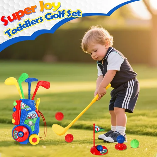 Vista 2 de SUPER JOY Juego de golf para niños pequeños, carrito de golf para niños con 4 palos y 8 pelotas, palos de golf para interiores y exteriores, palos