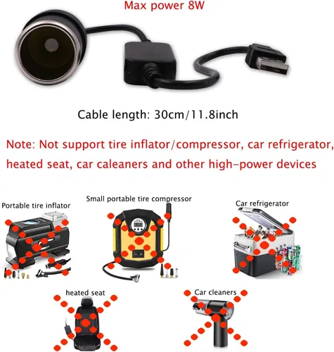 Vista 3 de Cable Convertidor USB A Macho a Enchufe de Encendedor de Cigarrillos de Coche Hembra 12V (Máximo 8W)