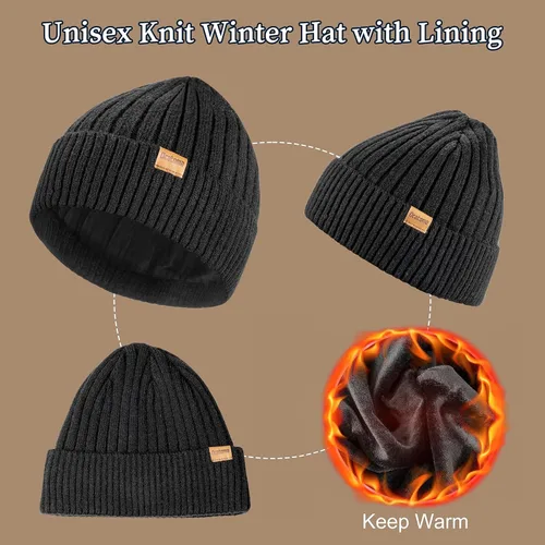Vista 2 de Ocatoma Gorro de invierno para hombres y mujeres, gorro de punto con puños con forro cálido, sombrero de esquí suave, unisex, regalos para hombres
