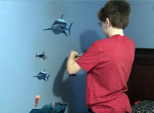Vista 4 de Create-A-Mural Calcomanías de pared de tiburón ~ Impresionante tiburón vida marina y barco pirata hundido, gran blanco y tiburón martillo, arte