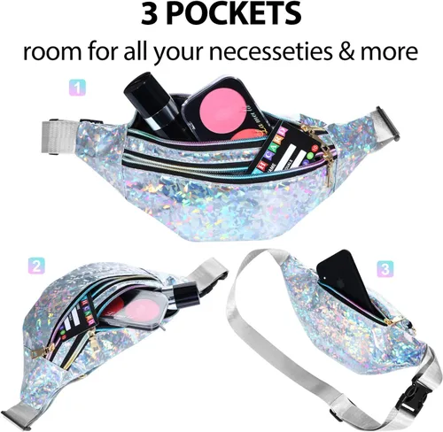 Vista 4 de 2 Piezas Holographic Fanny Pack Metallic Color Sport Waistbag para Mujeres Hombres Niños, Diamond Holographic Sliver and Black