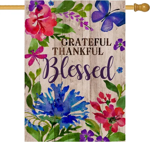 Vista 9 de Hzppyz Grateful Thankful Blessed - Bandera de jardín de Acción de Gracias, pequeña bandera decorativa para exteriores, arpillera rústica, bandera
