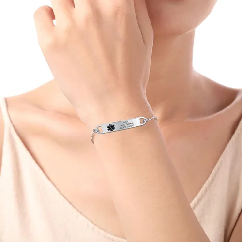 Vista 3 de Kurafeel Pulseras de alerta médica personalizadas para mujeres, hombres y niños, cadena cubana grande de 0.315in, pulseras de identificación médica