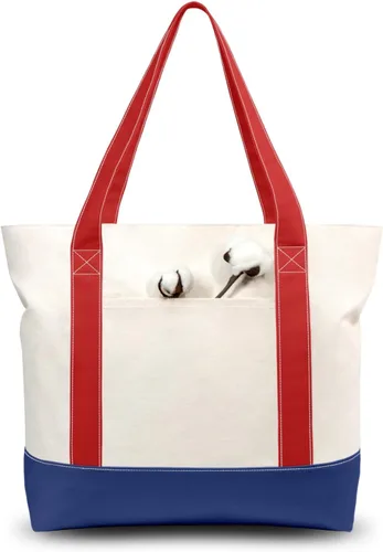 Vista 20 de TOPDesign Paquete de 1 bolsa de lona con bolsillo externo, bolsa de compras reutilizable para comestibles, cierre de cremallera superior, artículos