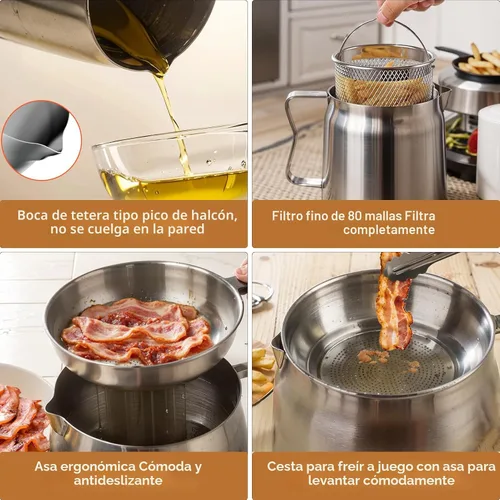 Vista 2 de Recipiente de Filtro de Aceite de 2L para Guardar Grasa de Tocino con Colador, Recipiente de Grasa de Tocino de Acero para Verter de 68oz de Gran