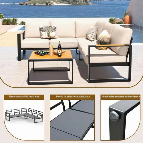 Vista 6 de Juego de muebles de aluminio para patio, sofá modular para todo tipo de clima, juegos de conversación de patio en forma de L, sofá esquinero