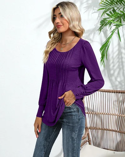 Vista 7 de Ficerd Blusa plisada de manga corta abombada para mujer, cuello redondo, elegante, casual, holgada, para primavera y verano