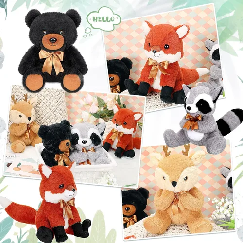 Vista 4 de Zomiboo Juego de 4 piezas de animales de peluche del bosque, de la selva, incluye peluche de alce, zorro, mapache, oso, realista, negro, animales