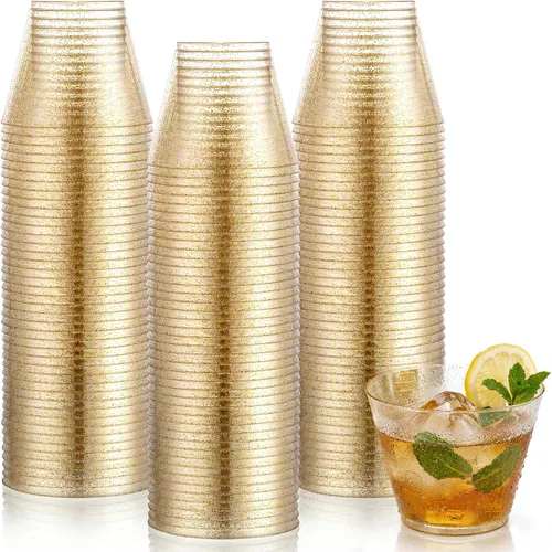 Vista 11 de Hioasis 100 vasos de plástico transparente de 9 onzas con ribete dorado, vasos desechables de plástico, resistentes y sin BPA para fiestas, bodas