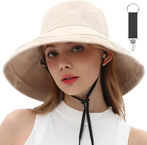 Vista 11 de vidsel Sombreros de sol para mujer, de ala ancha, reversible, de algodón, plegable, de verano, con clip para sombrero, protección UV Beige