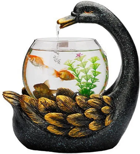 Vista 2 de SUNESA Fuente de agua de mesa, fuente de agua de mesa, pequeño paisaje, circulante, decoración de cisne, acuario, decoración de agua, para oficina