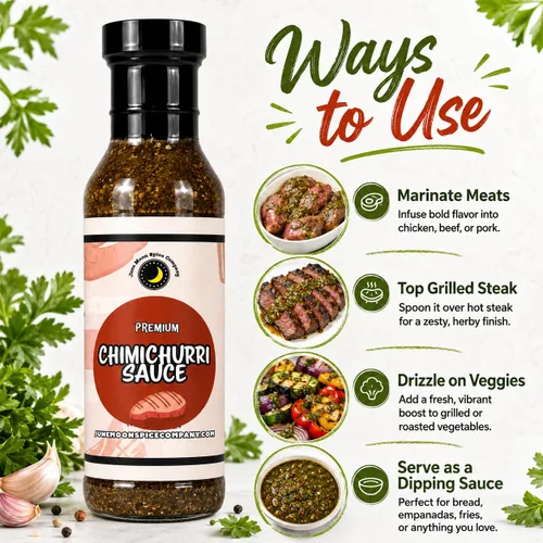 Vista 4 de Salsa Chimichurri Sin colesterol Sin azúcar Fabricado en lotes pequeños Botella de 12 onzas líquidas de sabor Salsa gourmet Chimichurri