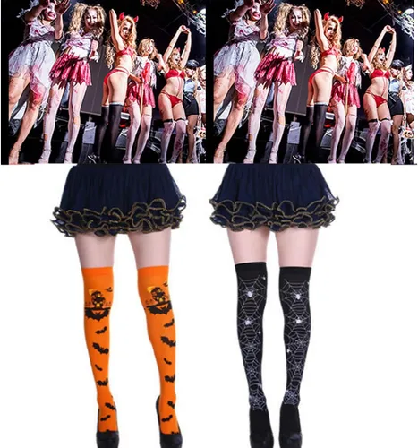 Vista 4 de Medias altas hasta el muslo de Halloween para mujer, color negro y calabaza, tela de araña, murciélago, medias largas hasta el muslo, calcetines por