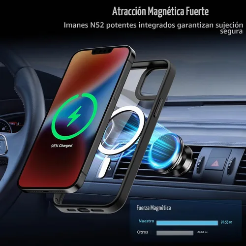 Vista 6 de Funda magnética para iPhone 13, compatible con MagSafe, protección de grado militar, parte trasera dura transparente y marco de TPU suave, funda