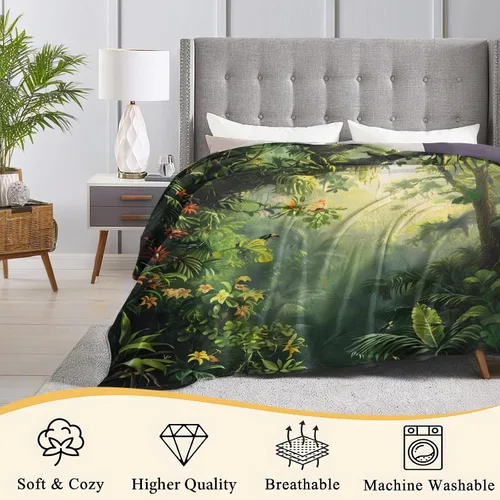 Vista 4 de Manta de franela suave y acogedora con diseño de campista Happy Campfire y Forest Tent Impreso Fondo negro para amantes del aire libre, dormitorio