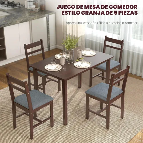 Vista 3 de HOMCOM Juego de mesa de comedor de madera maciza de 5 piezas para 4, nogal Nogal y gris