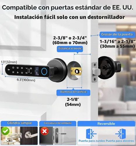 Vista 6 de Anweller Cerradura de manija de puerta de huellas dactilares, cerradura de Negro
