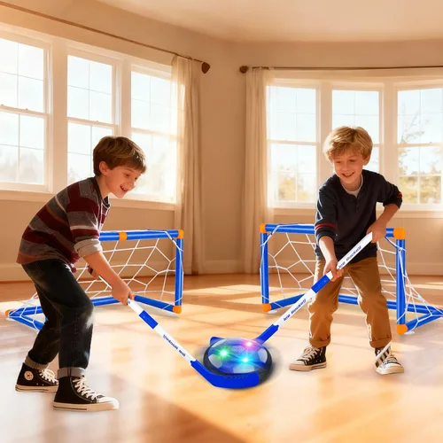 Vista 8 de NEUBSAW Juego de fútbol de hover 4 en 1 y juego de hockey y bolos, juguete deportivo de aire flotante LED para jugar en interiores y exteriores