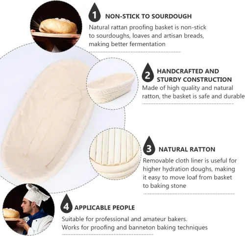 Vista 7 de Banneton - Cesta rectangular de ratán natural, herramienta para hornear pan con forro de tela extraíble para panes artesanales para masa madre