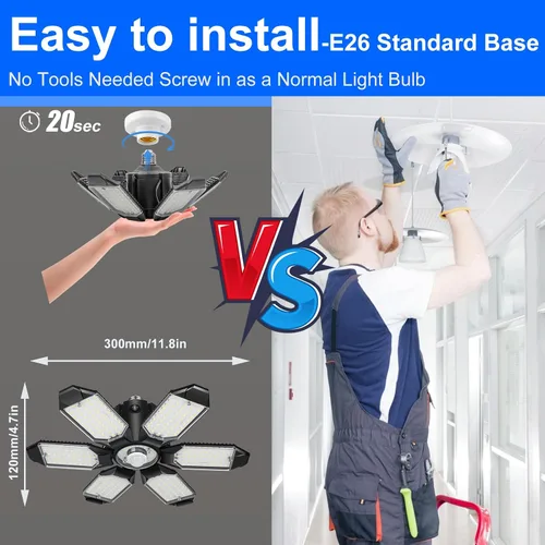 Vista 6 de Luces LED de garaje, 180 W, 18000 lúmenes, luz de techo de garaje deformable con 6+1 paneles ajustables, base E26/E27 6500 K, luz diurna LED