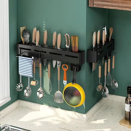 Vista 5 de Estante para utensilios de cocina, soporte para cubiertos de cocina, organizador de pared para cucharas, cuchillos, tenedores, palillos (negro)