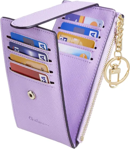 Vista 6 de Chelmon Billetera delgada con bloqueo RFID para mujer, con bolsillo con cremallera, Púrpura claro, Minimalista