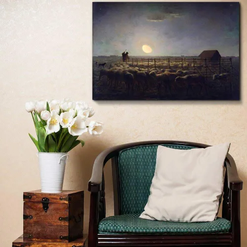 Vista 2 de wall26 - The Sheepfold, Moonlight by Jean-Francois Millet - Lienzo impreso en pared, reproducción de pintura famosa, 12" x 18